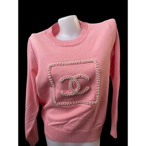 CHANEL Pink Crew Neck Sweater with Pearl Detail